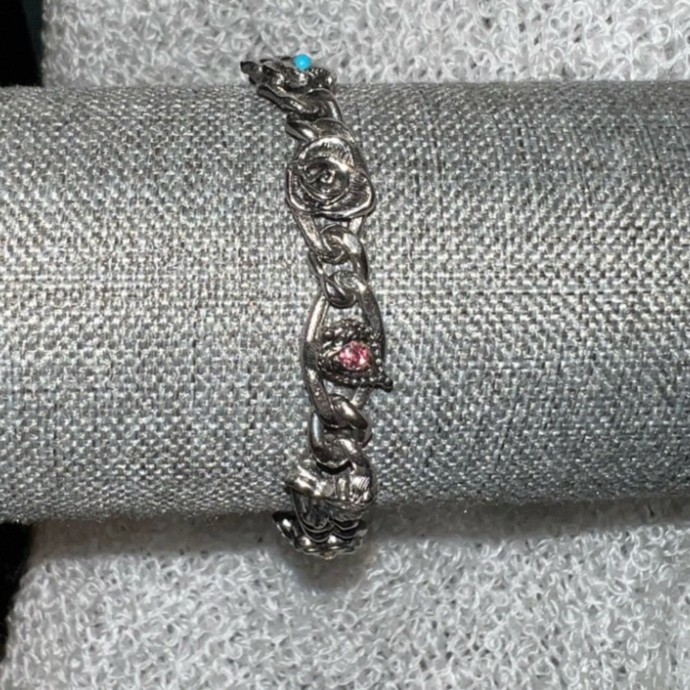 Vintage Signed Goldette Silver Tone Colorful Multi-Stone Charm Link Bracelet - Picture 7 of 11